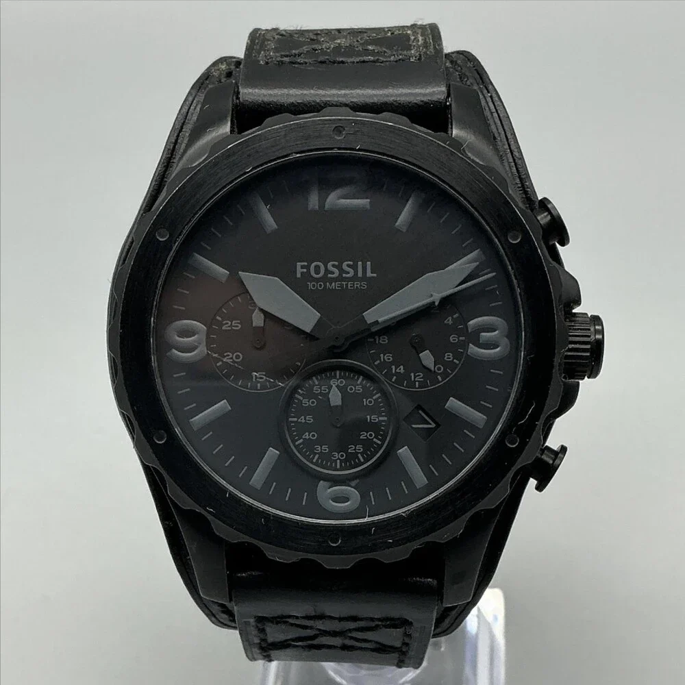 Fossil Nate JR1510 Mens Watch 46mm Black Leather Chronograph New Battery